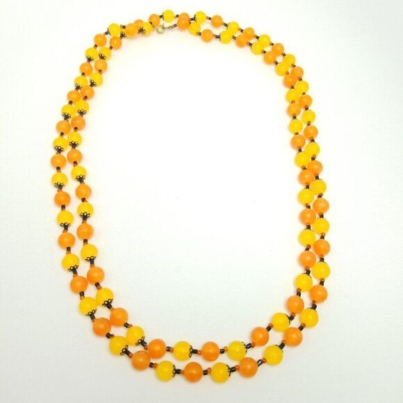 Vintage Long Orange Yellow Plastic Beaded Necklace, Single Strand, 60s Style - Picture 7 of 8